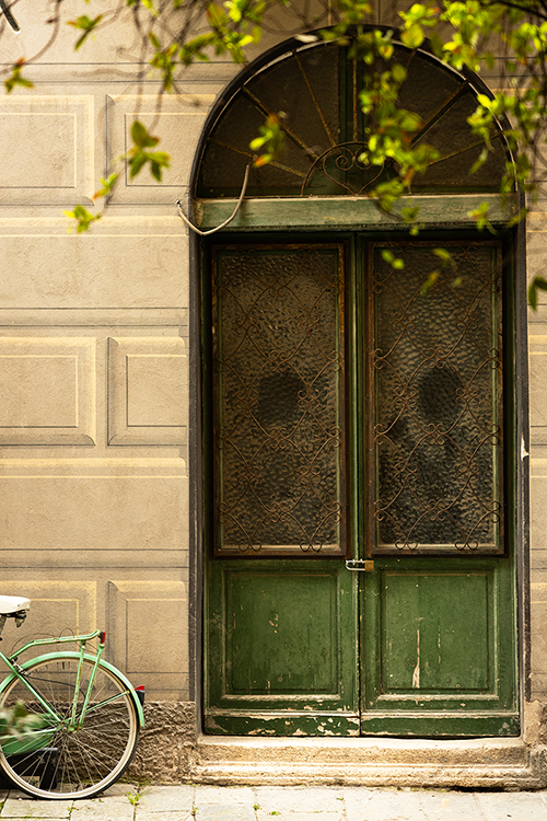 A bicycle leaning against a historic townhouse with beautiful doors