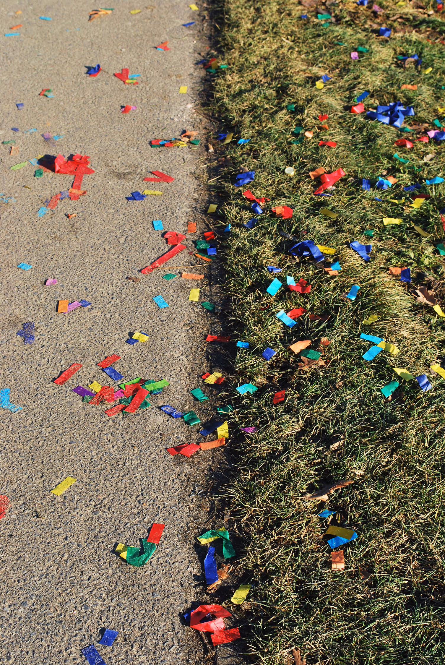 A candid street photography detail showing vibrant confetti scattered across the boundary of grey pavement and green grass, creating a textural contrast and evoking a nostalgic mood of a celebration aftermath.