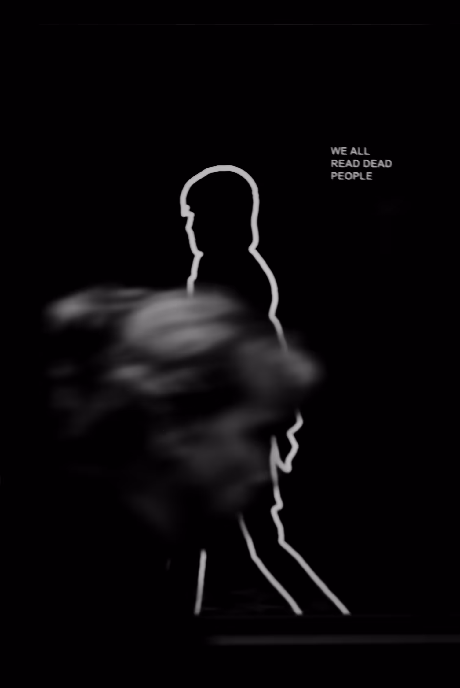 High-contrast, black and white fine art street photography featuring a sharp silhouette of a figure against a deep black negative space, complemented by a subtle light motion blur in the foreground.